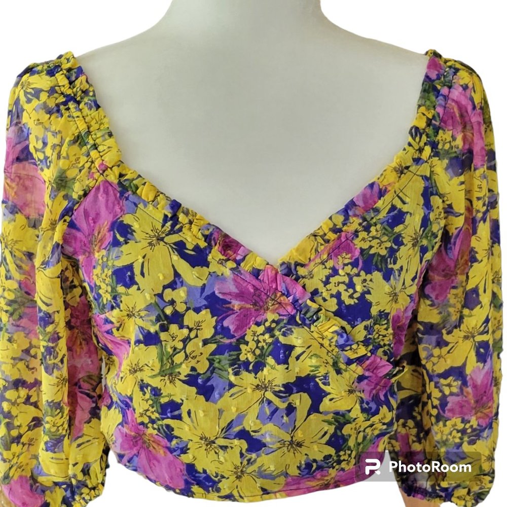 Lush Yellow Magenta Floral Smocked Coquette Boho Milkmaid Peasant Crop Top New